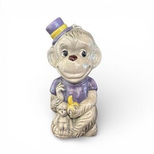 Vintage Ceramic Monkey Figurine with Purple Hat
